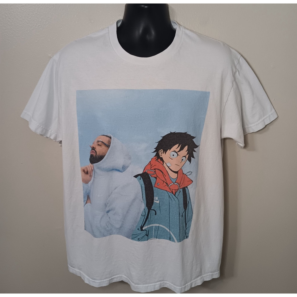 One Piece Monkey D. Luffy x Drake Men's Large T-shirt Anime Rap Tee Manga White